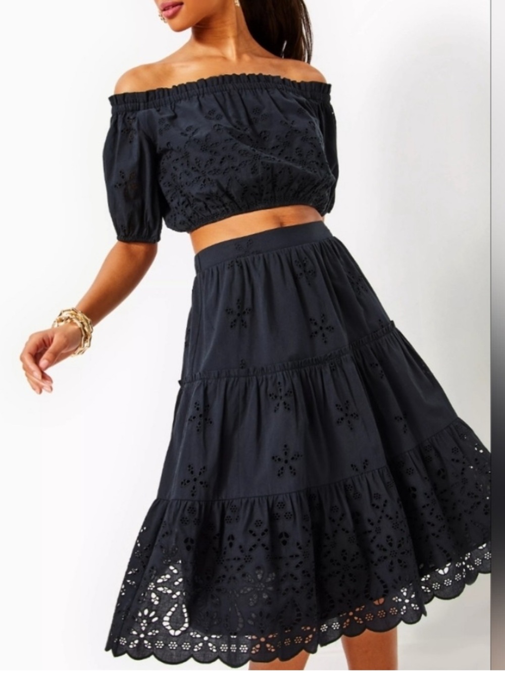 Lilly Pulitzer Penley Cotton Black Eyelet Tiered Midi Skirt w off shoulder top M